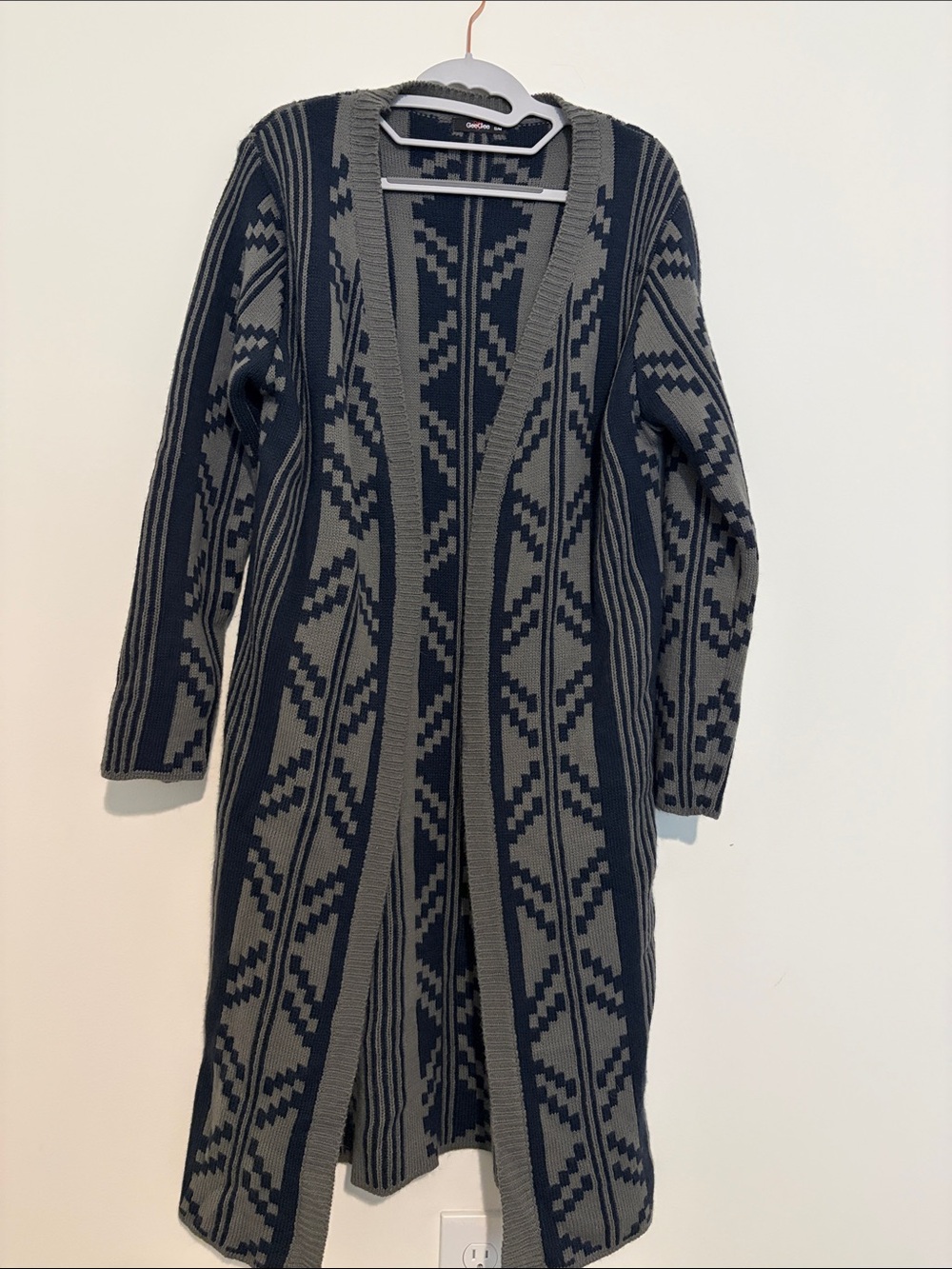 Long Open-Front Knit Cardigan Jacket - Gray & Navy